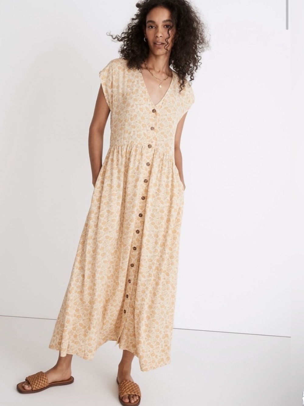 Madewell Button-Front Midi Dress in Piccola Retro Floral Butter Yellow Cream Sm
